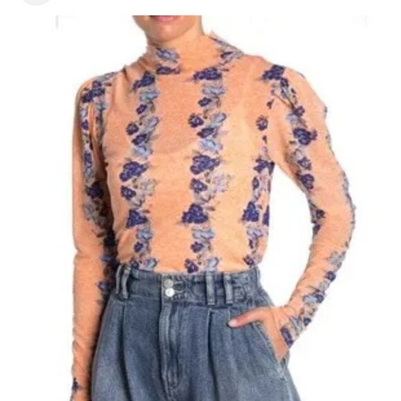 LIKE NEW FREE PEOPLE AMBER FLORAL MESH TOP WITH BUILT IN TANK ORANGE AND BLUE XS - Picture 2 of 6